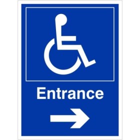 Entrance arrow right disabled access sign with wheelchair symbol and directional arrow