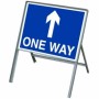 Blue and white One Way Arrow Up Sign with stanchion frame