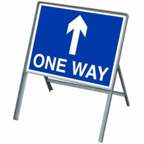 Blue and white One Way Arrow Up Sign with stanchion frame