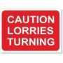 Caution Lorries Turning road sign with white text on red background