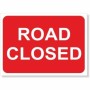 Road Closed road safety sign with white text on red background