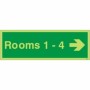 Glow in the Dark Rooms 1-4 arrow right wayfinding sign