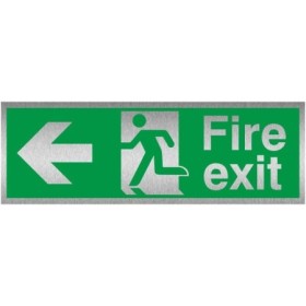 Fire Exit Arrow Left Brushed Aluminium Sign with emergency exit symbol