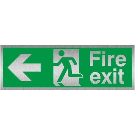 Fire Exit Arrow Left Brushed Aluminium Sign with emergency exit symbol
