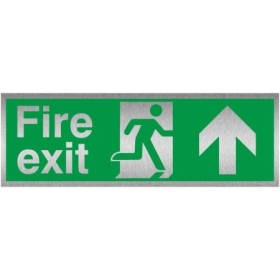 Fire Exit Arrow Up Brushed Aluminium Sign with emergency exit symbol