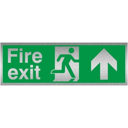 Fire Exit Arrow Up Brushed Aluminium Sign with emergency exit symbol