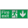 Fire Exit Arrow Down Brushed Aluminium Sign with emergency exit symbol