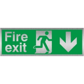 Fire Exit Arrow Down Brushed Aluminium Sign with emergency exit symbol
