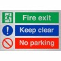 Fire exit keep clear no parking safety sign on brushed aluminium background