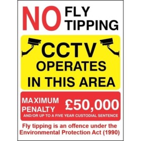 No Fly Tipping CCTV Operates Maximum Penalty Sign with CCTV cameras and penalty warning