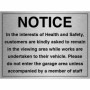 Brushed Aluminum Health and Safety Notice sign instructing customers to remain in the viewing area