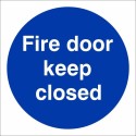 Fire Door Keep Closed mandatory door sign with white text on a blue circular background