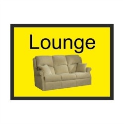 Lounge dementia door sign with sofa image and high-contrast text