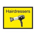 Hairdressers dementia door sign with hairdryer image and high-contrast text