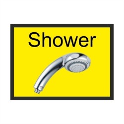 Shower dementia door sign with shower head image and high-contrast text