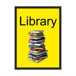 Library dementia door sign with realistic books image and high-contrast text