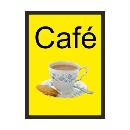 Cafe dementia door sign with realistic cup of tea image and high-contrast text